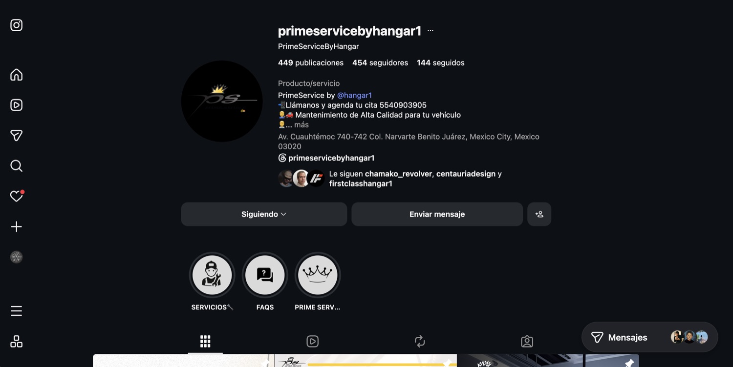Perfil de Instagram de Prime Service